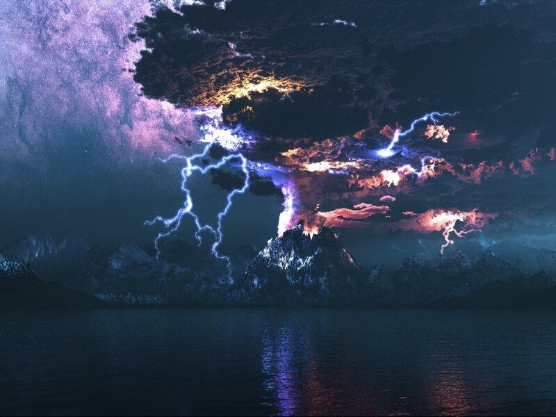 Volcano Erupting at Night — Purple, Dramatic, Digital Art