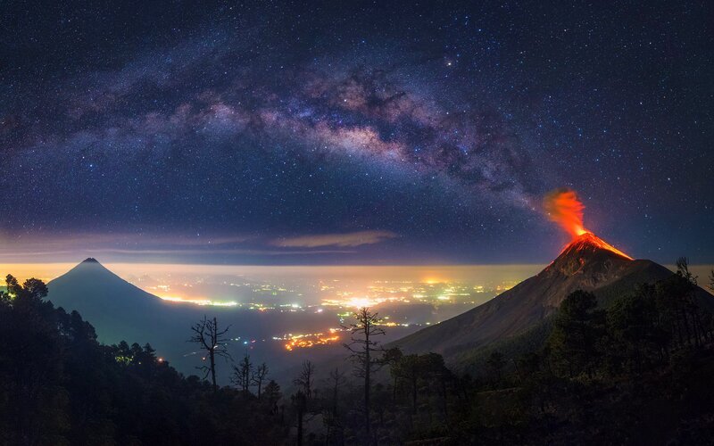 Volcano Erupting at Night — Purple, Dramatic, Photograph, Milky Way