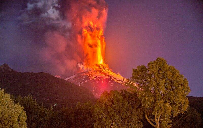 Volcano Erupting at Night — Purple, Dramatic, Photograph
