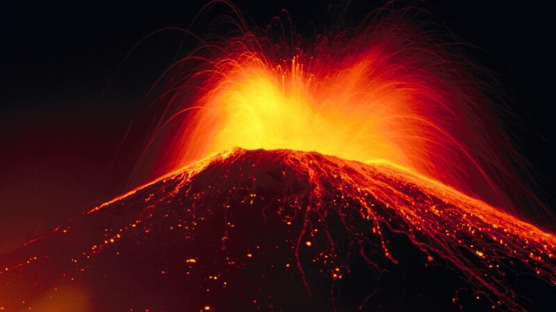 Volcano Erupting at Night — Red, Dramatic, Photograph, Lava, Ash