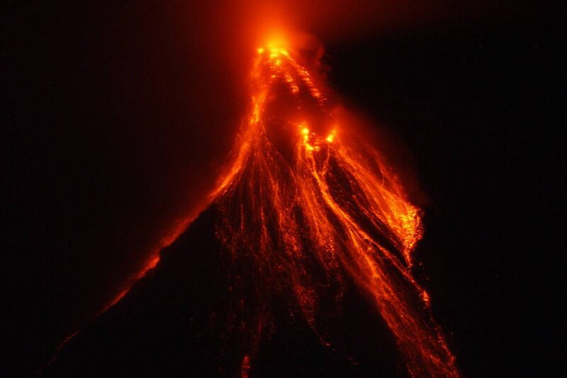 Volcano Erupting at Night — Red, Dramatic, Photograph, Lava, Smoke