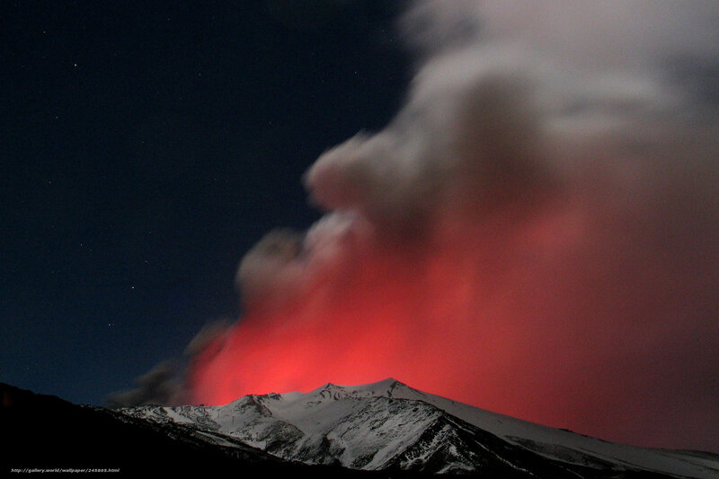 Volcano Erupting at Night — Red, Dramatic, Photograph, Mountain