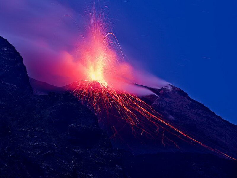 Volcano Erupting at Night — Red, Dramatic, Photograph