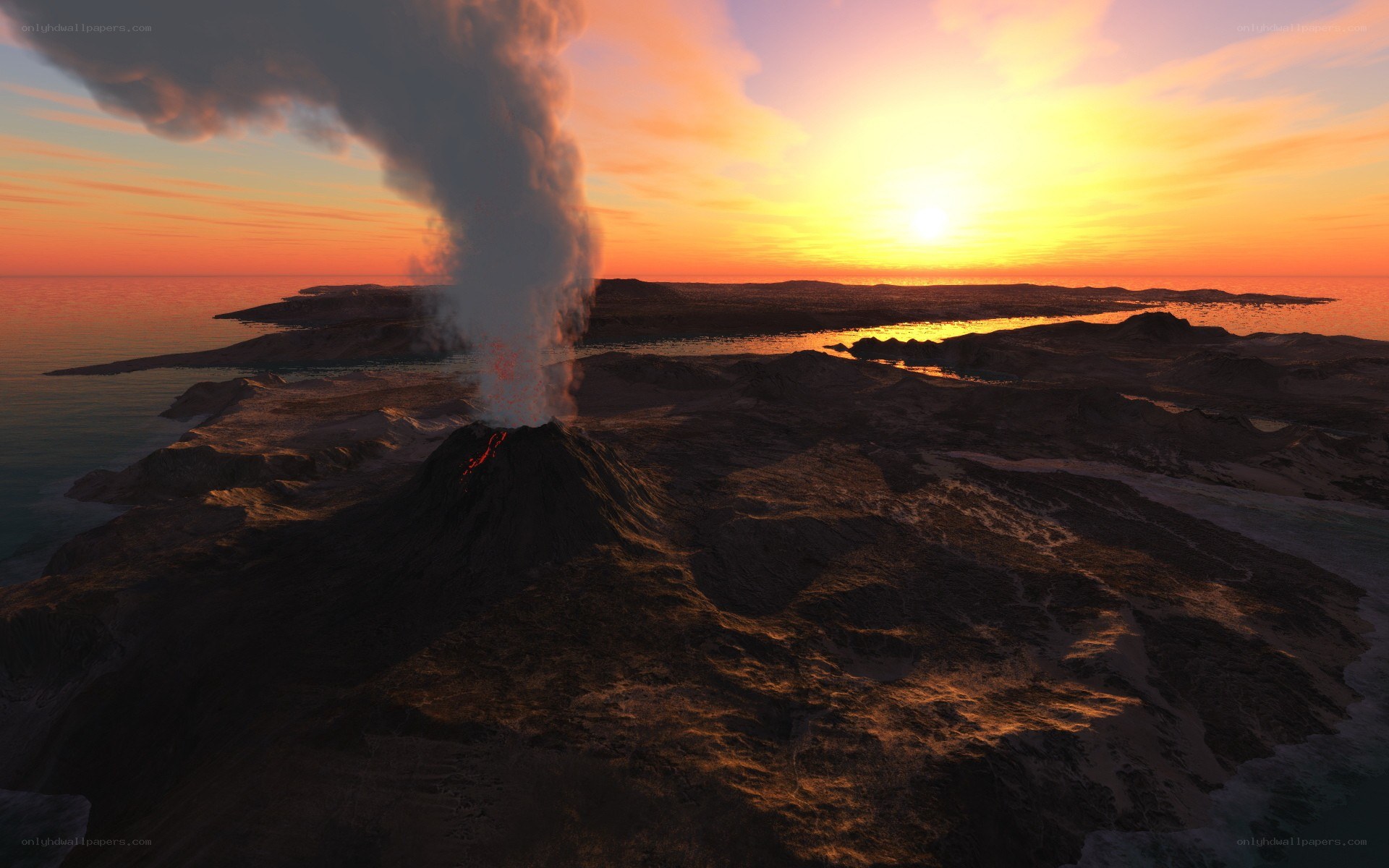 Volcano erupting at sunset