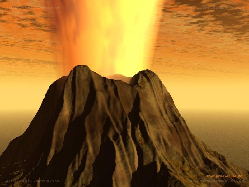 Volcano erupting at sunset