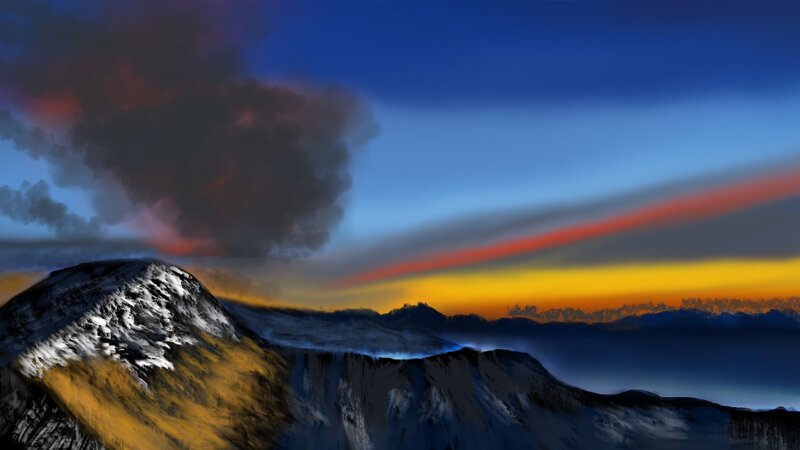 Volcano Erupting at Sunset — Blue, Dramatic, Digital Art