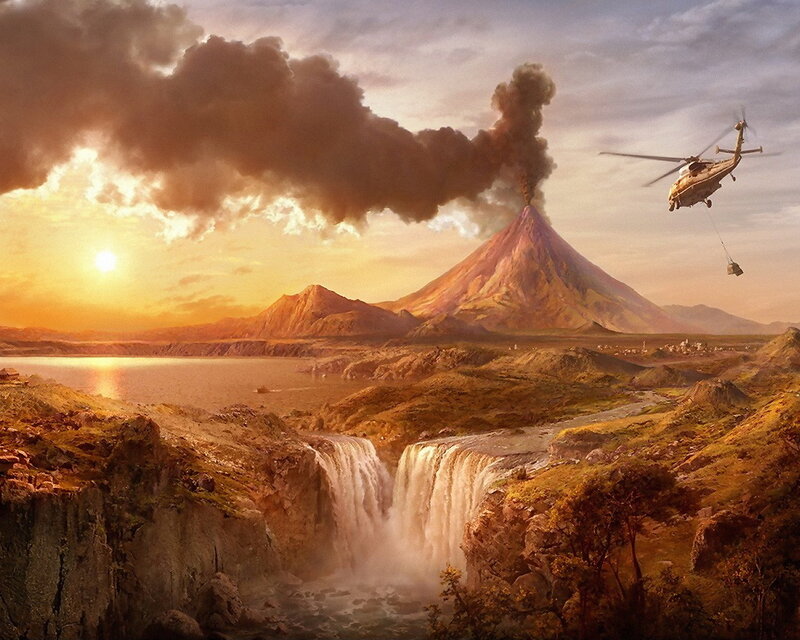 Volcano Erupting at Sunset — Orange, Dramatic, Digital Art, Helicopter, Waterfall, Lake