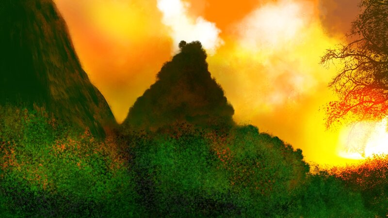 Volcano Erupting at Sunset — Orange, Dramatic, Digital Art