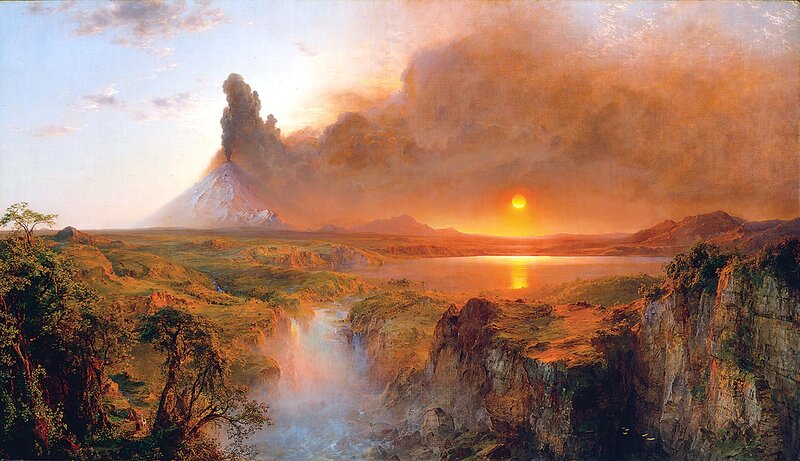 Volcano Erupting at Sunset — Orange, Dramatic, Painting