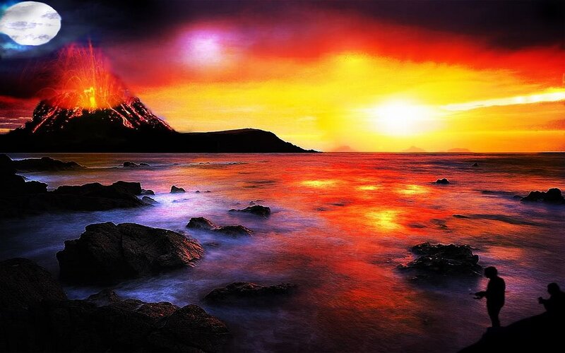 Volcano Erupting at Sunset — Red