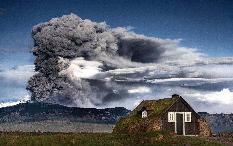 Volcano Erupting — Blue, Dramatic, Afternoon, Photograph, House