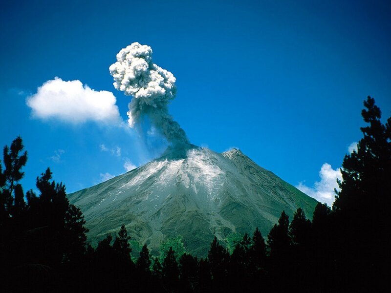Volcano Erupting — Blue, Dramatic, Afternoon, Photograph, Smoke, Clouds, Trees, Gray, Green