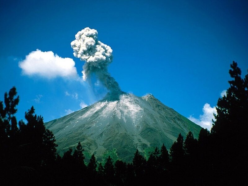 Volcano Erupting — Blue, Dramatic, Afternoon, Photograph, Smoke, Clouds, Trees, Green