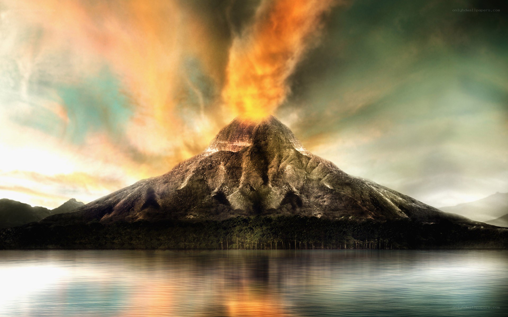 Volcano erupting by the lake
