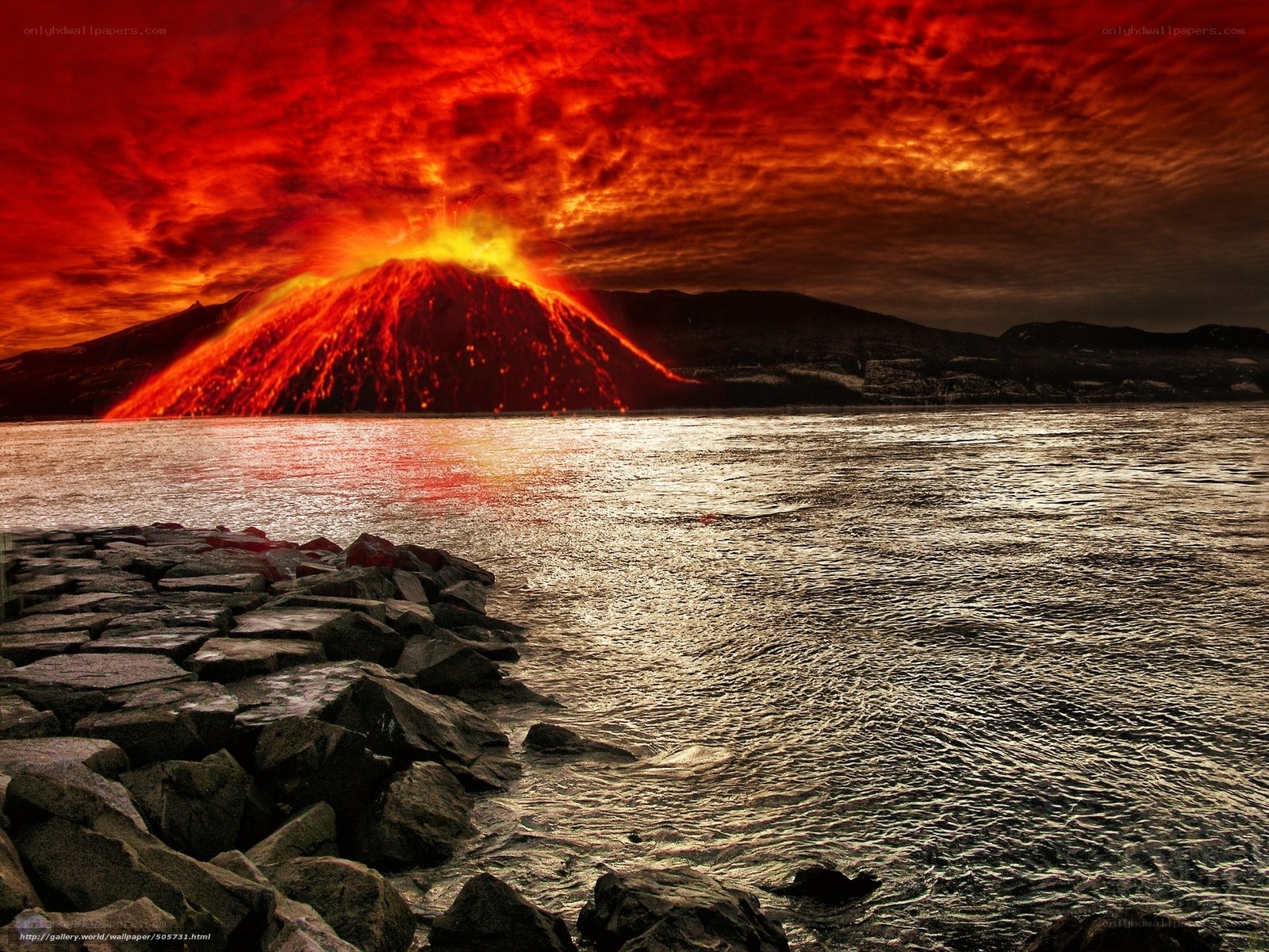 Volcano erupting by the sea