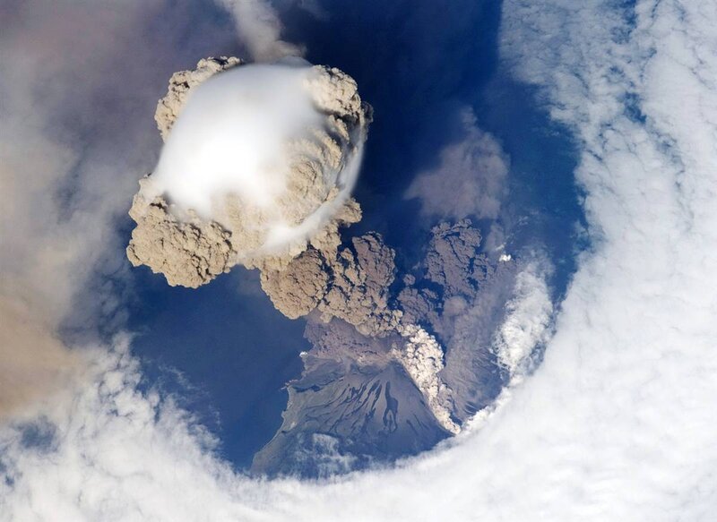 Volcano erupting from space