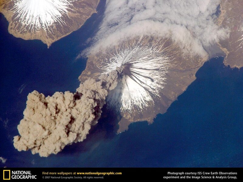Volcano erupting from space