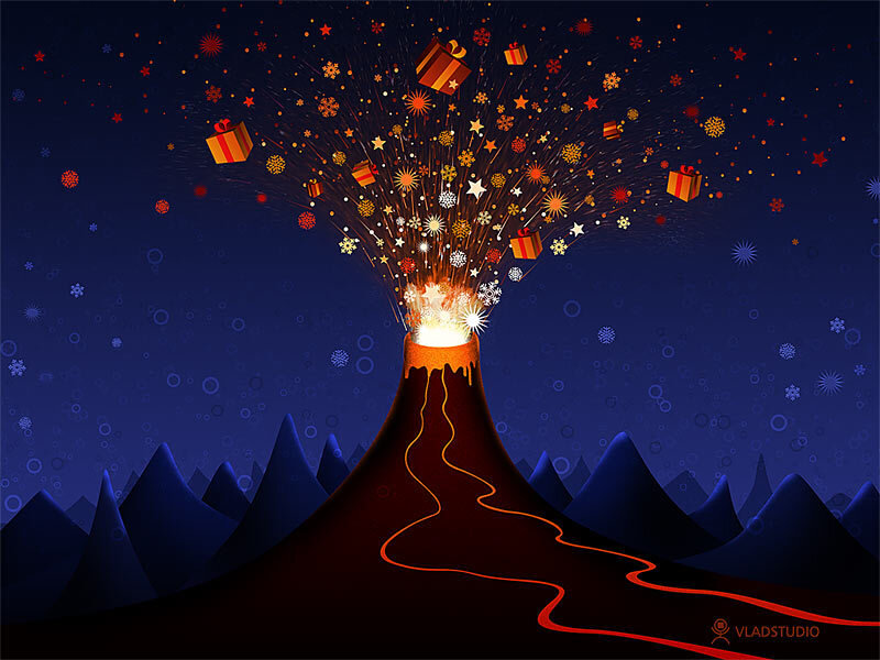 Volcano Erupting Gifts — Blue, Festive, Night, Digital Art, Snowflakes, Lava