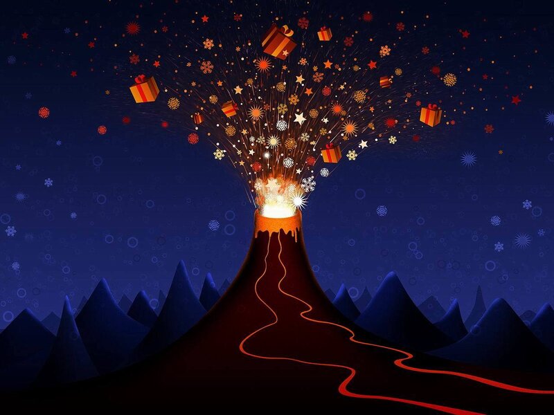 Volcano Erupting Gifts — Blue, Festive, Night, Digital Art, Snowflakes