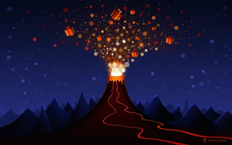 Volcano Erupting Gifts — Blue, Festive, Night, Digital Art