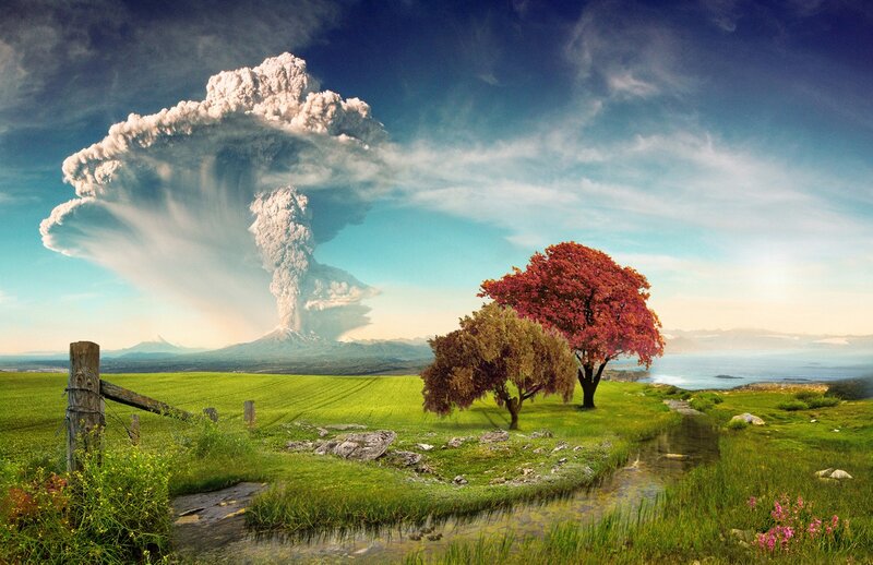 Volcano Erupting in Field