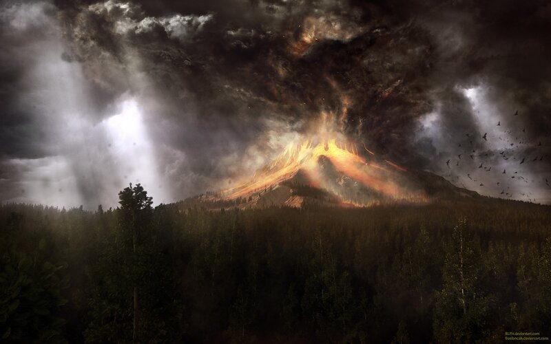 Volcano Erupting in Forest — Black