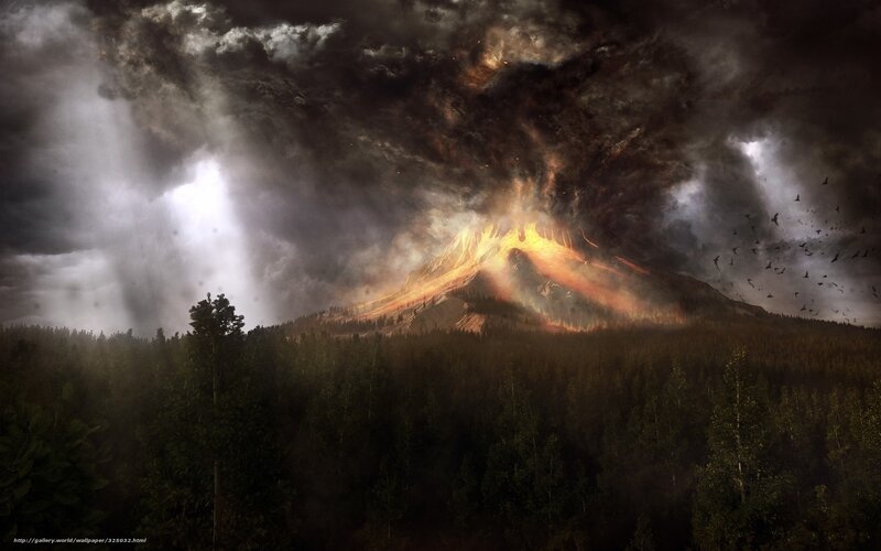 Volcano erupting in forest
