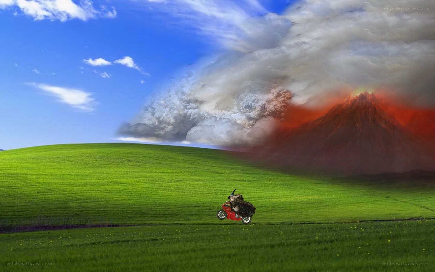 Volcano erupting in green field