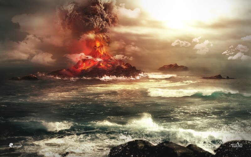 Volcano Erupting in Ocean — Red, Dramatic, Sunset