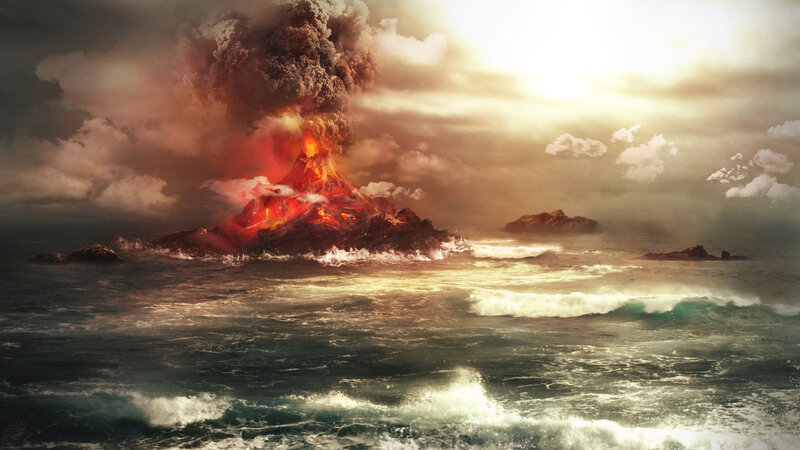 Volcano Erupting in Ocean — Red, Dramatic