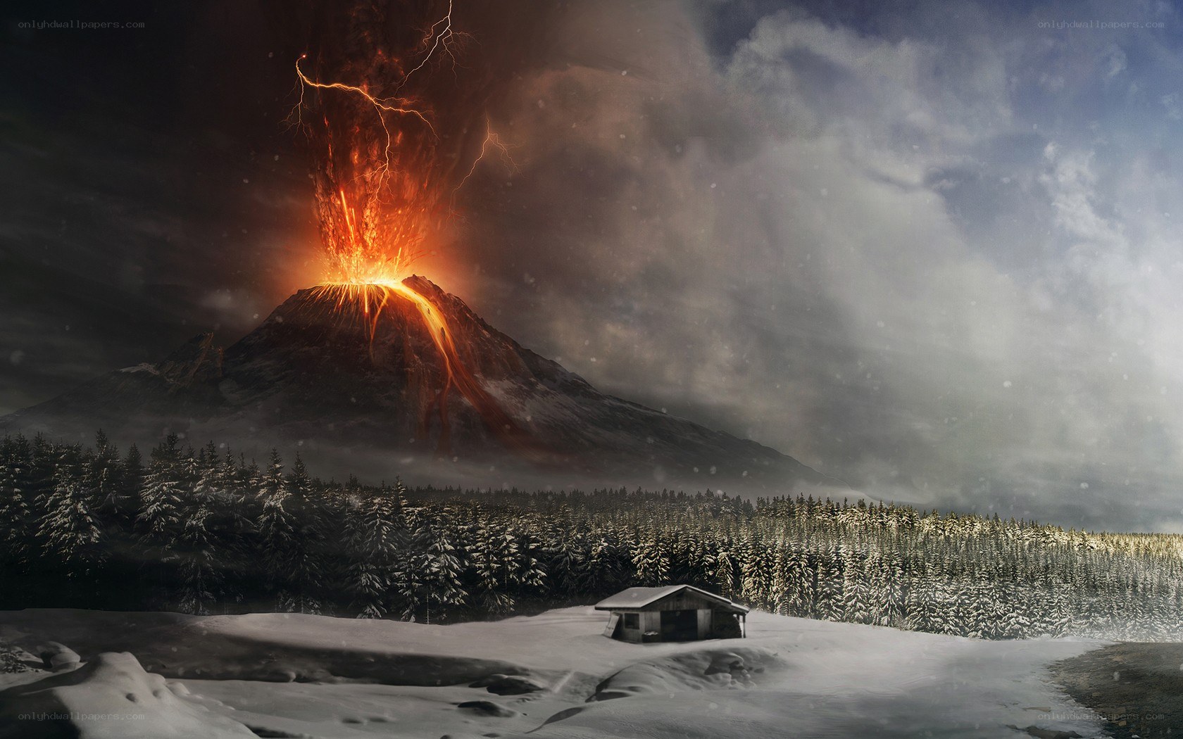 Volcano erupting in snowy landscape
