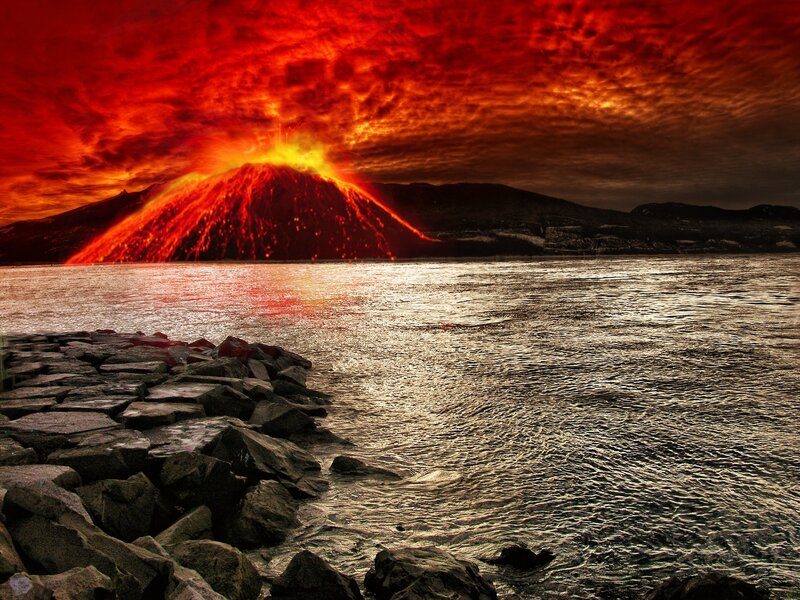 Volcano erupting into the sea