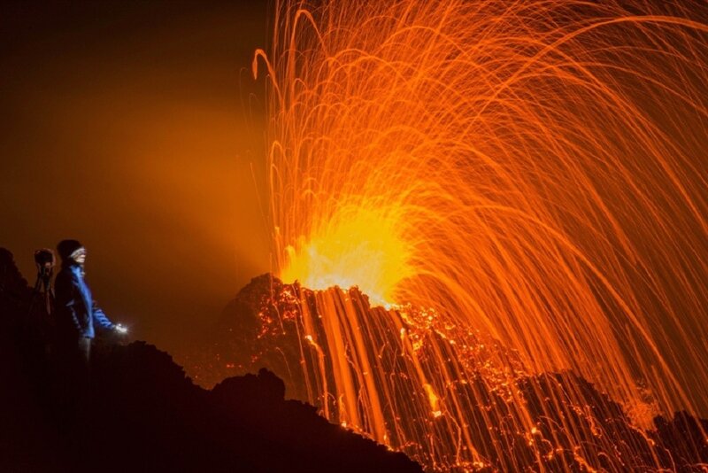 Volcano Erupting Lava — Orange, Dramatic, Night, Photograph