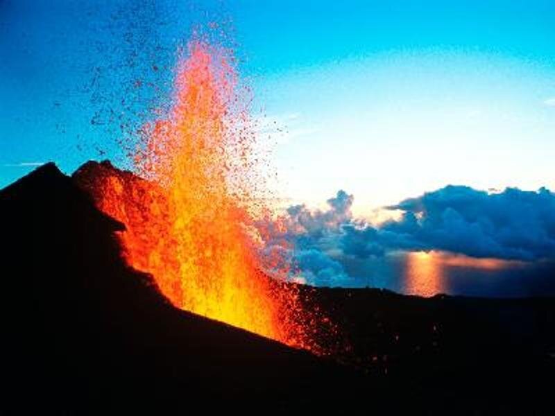 Volcano Erupting Lava — Orange, Dramatic, Sunset, Photograph, Sky
