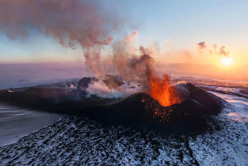 Volcano Erupting Lava — Orange, Dramatic, Sunset, Photograph, Smoke