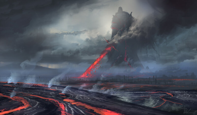 Volcano Erupting Lava — Red, Dramatic, Night, Digital Art