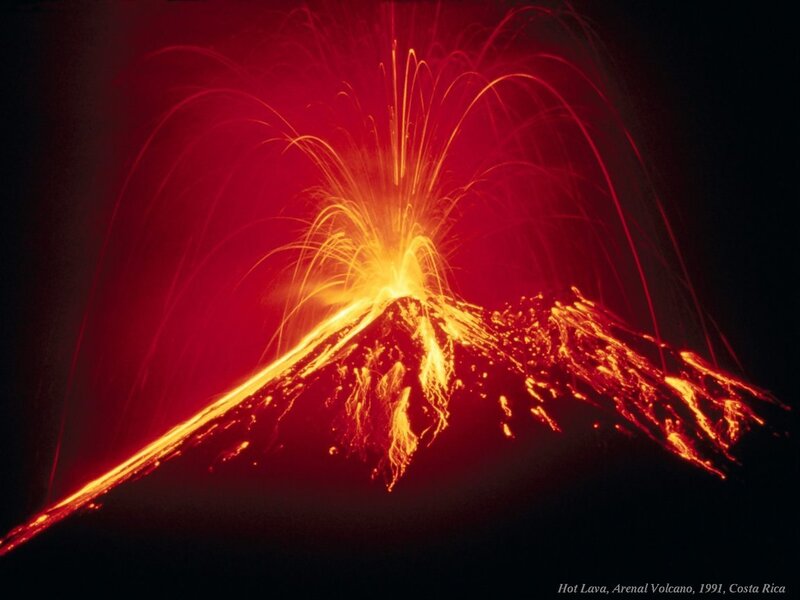Volcano Erupting Lava — Red, Dramatic, Night, Photograph, Ash, Night Sky, Orange