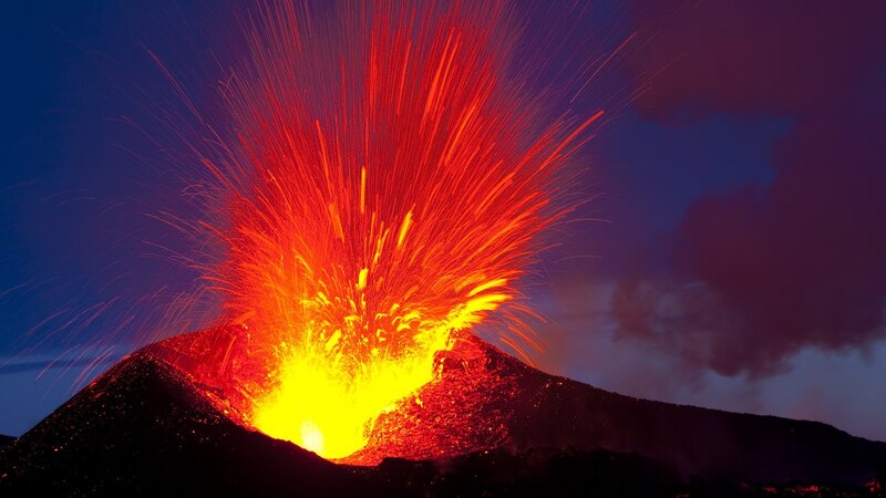 Volcano Erupting Lava — Red, Dramatic, Night, Photograph, Smoke, Mountain
