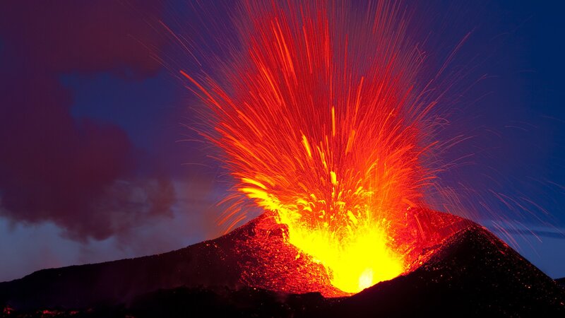 Volcano Erupting Lava — Red, Dramatic, Night, Photograph, Smoke