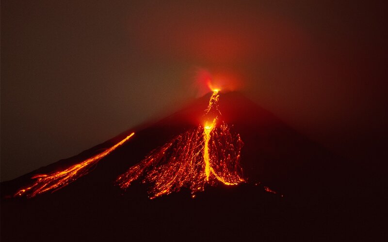Volcano Erupting Lava — Red, Dramatic, Night, Photograph