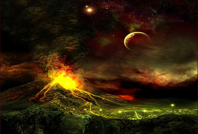 Volcano erupting on alien planet