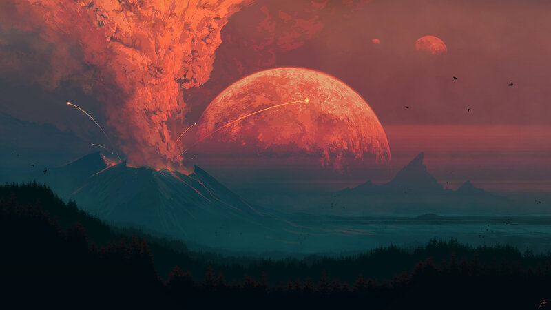Volcano Erupting on Alien Planet — Red