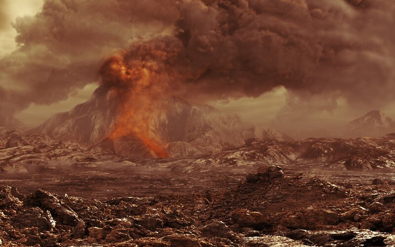 Volcano erupting on alien planet