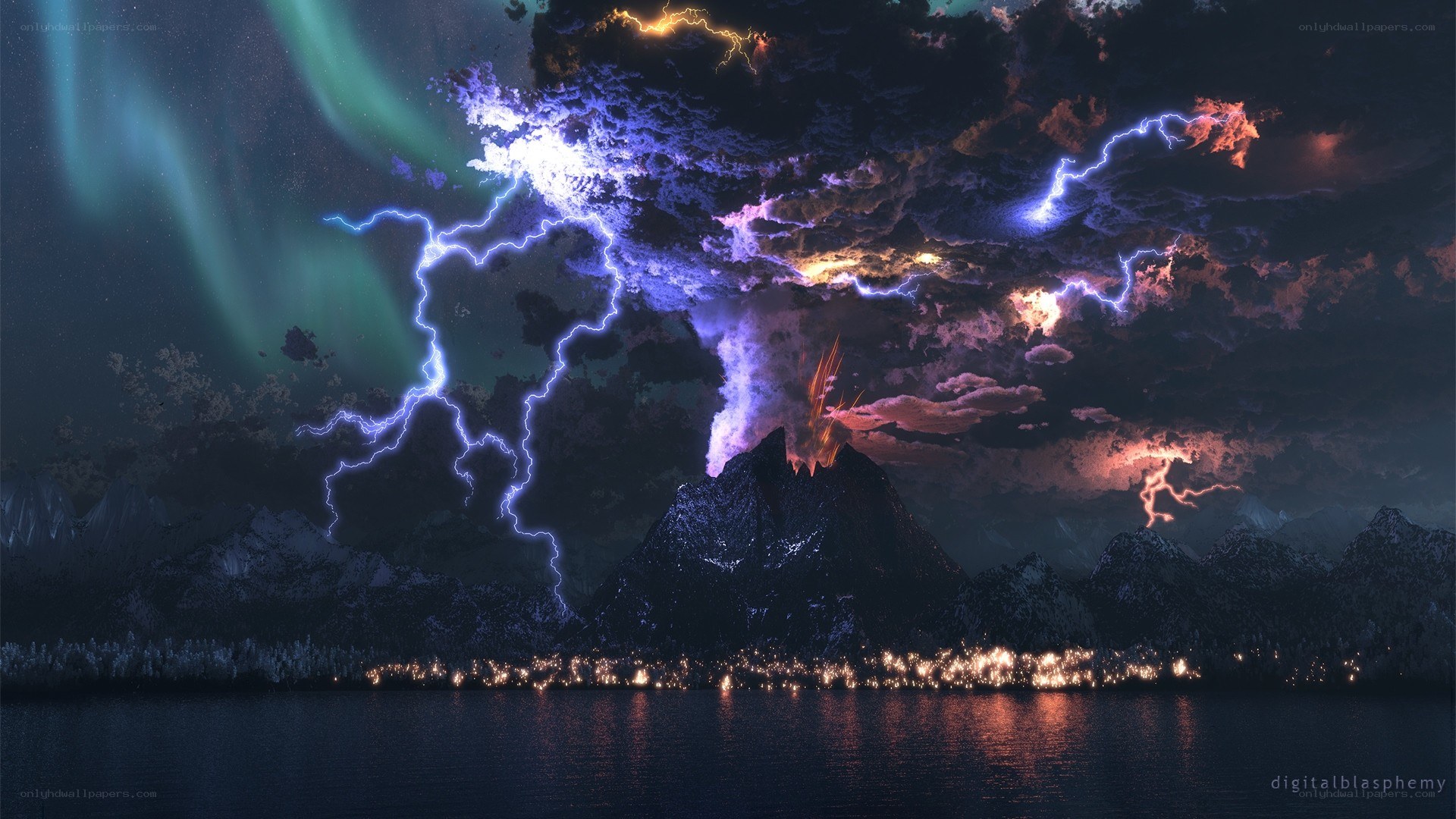 Volcano erupting under aurora sky