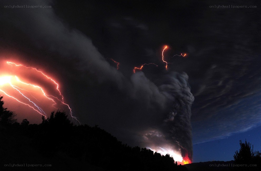 Volcano erupting with lightning