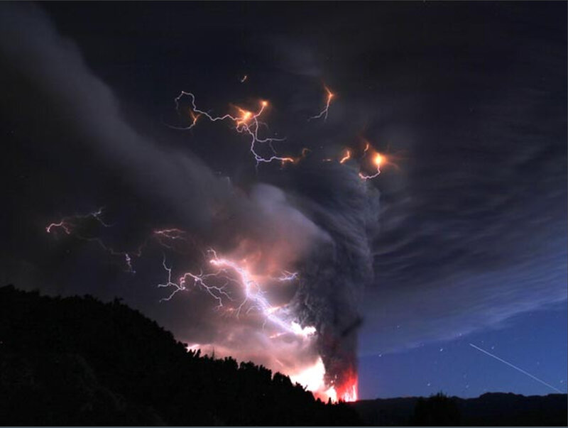 Volcano erupting with lightning