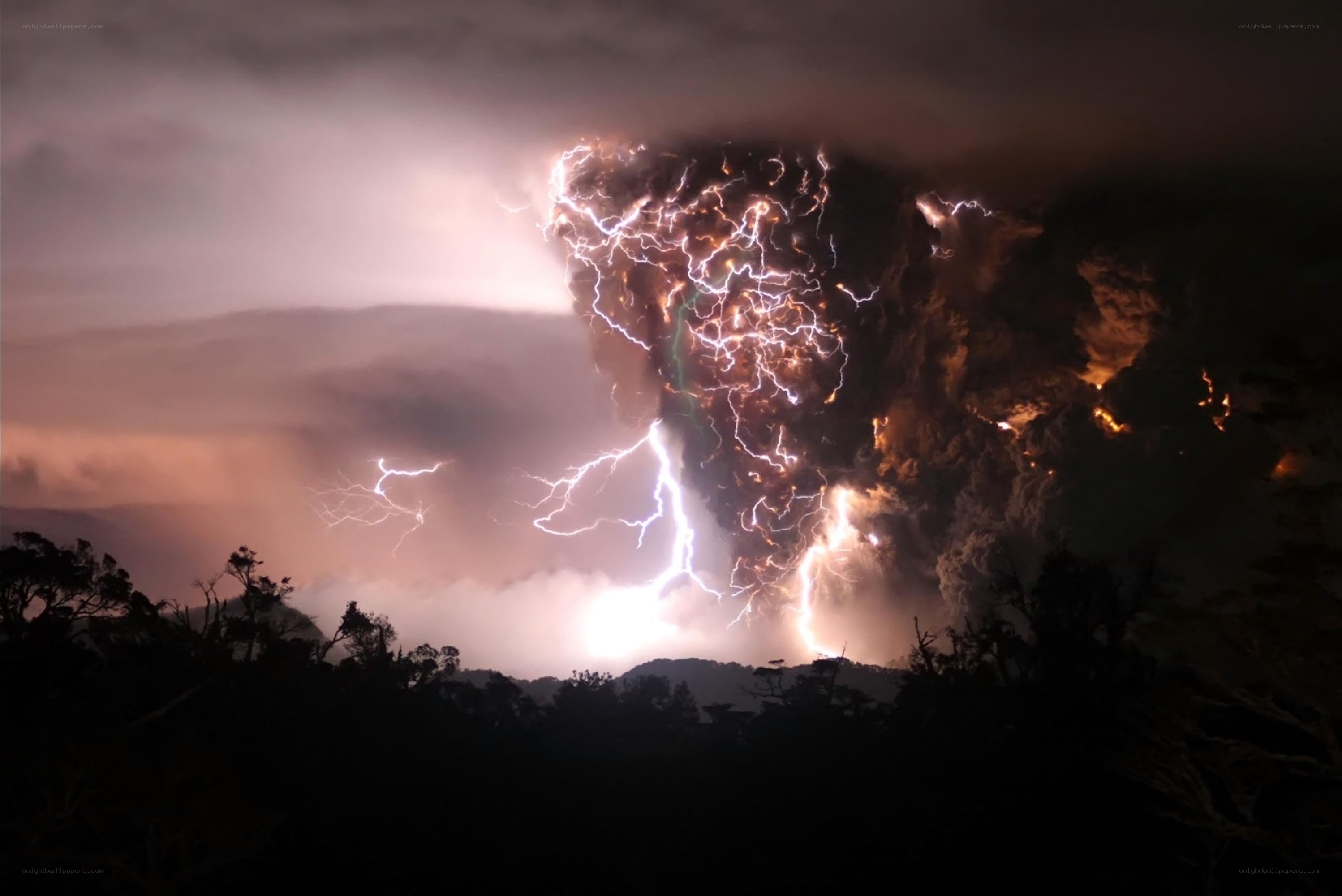 Volcano erupting with lightning