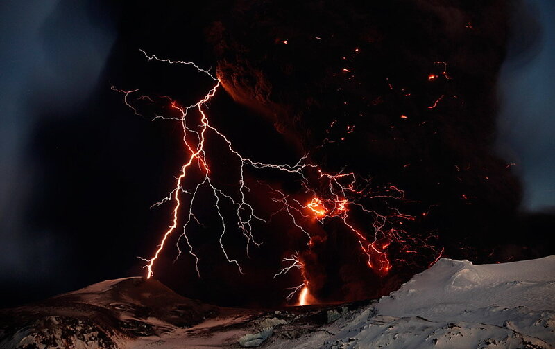 Volcano erupting with lightning