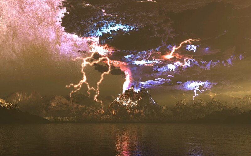 Volcano erupting with lightning storm