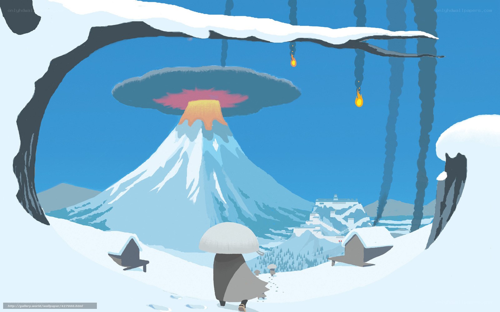 Volcano eruption in snowy landscape